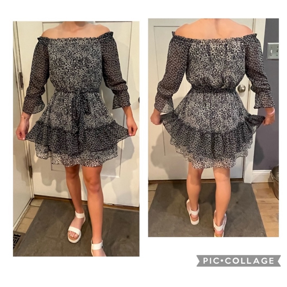 LOFT Black and White Off-Shoulder Sundress with Bishop Sleeves